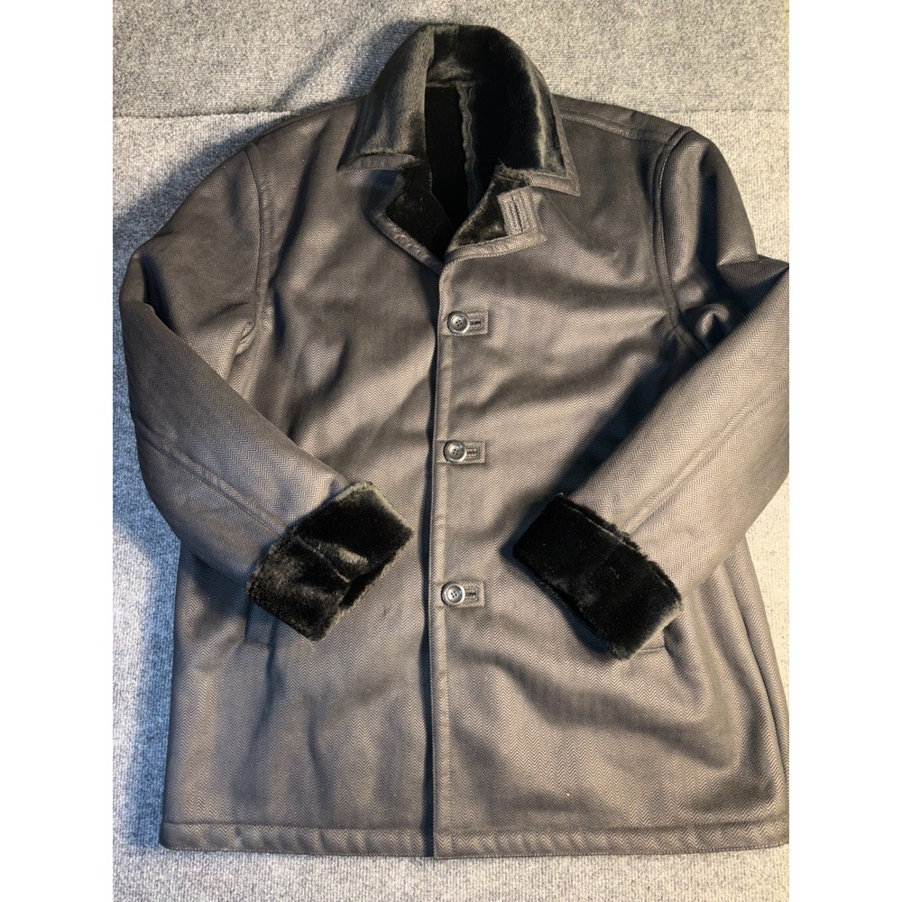 Stacy Adams Faux Shearling Winter Coat Mens XL Black Chevron‎ Print Notch Lapel